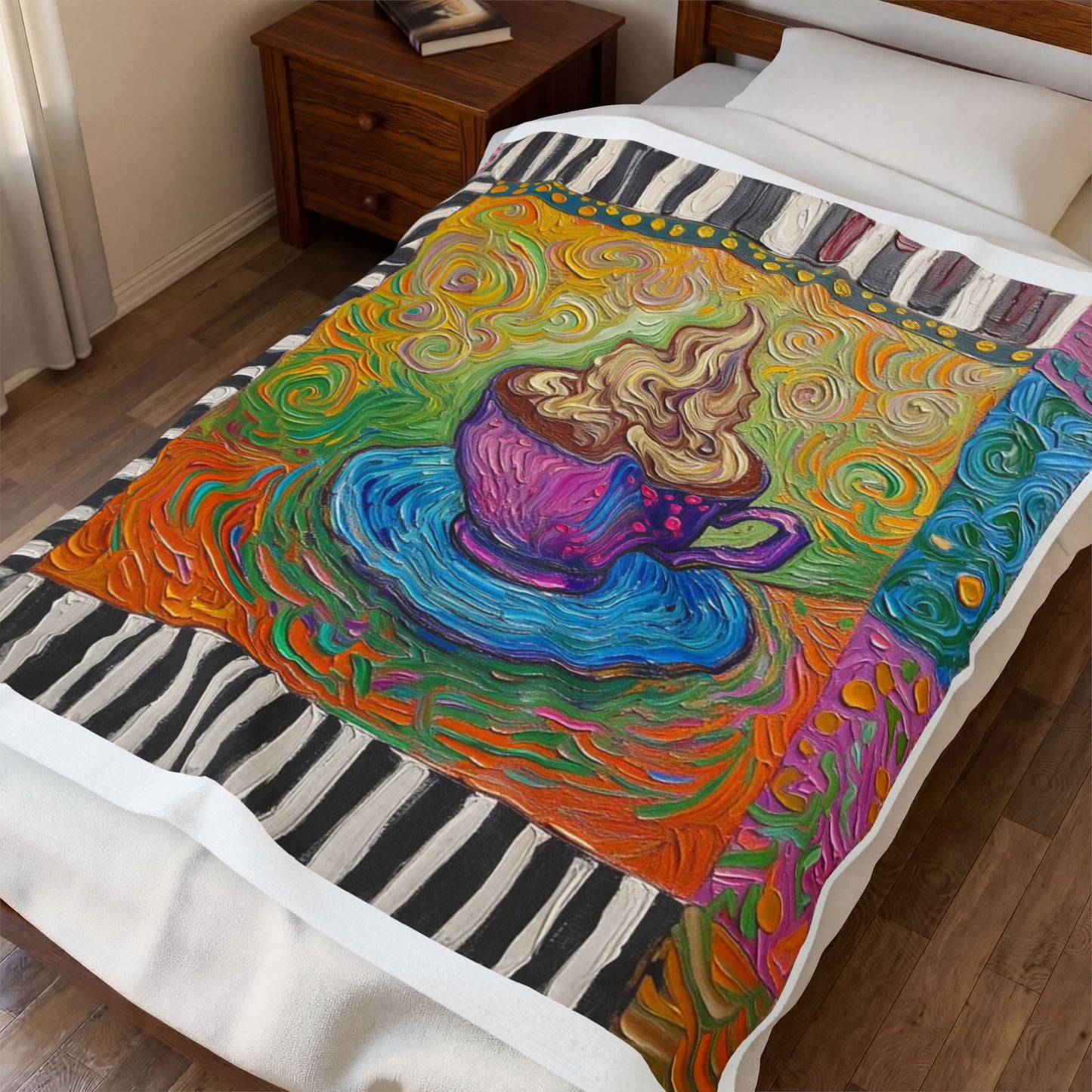 Whimsical Swirl Coffee Cup Velveteen Blanket | Colorful Teacup Art Throw
