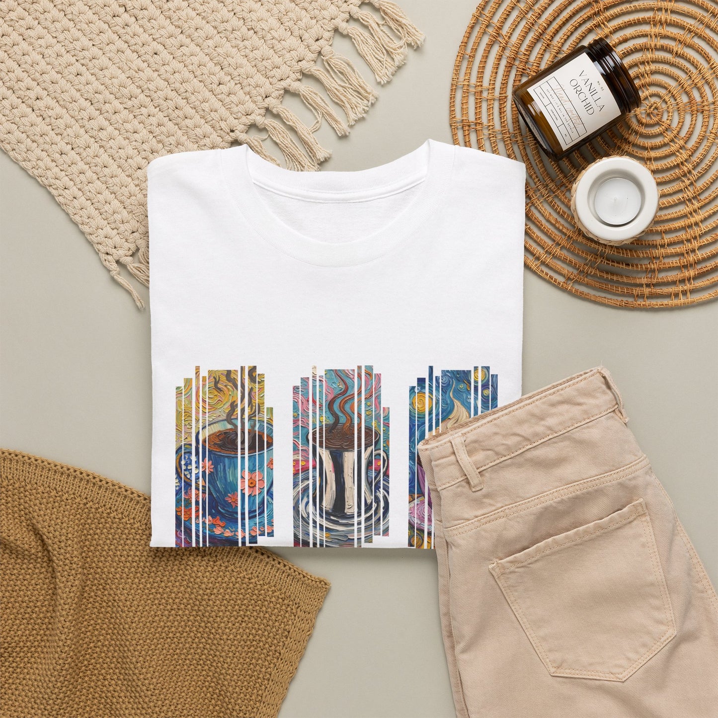 Coffee Cup Fragmented Graphic Tee — Colorful Modern Art T‑Shirt