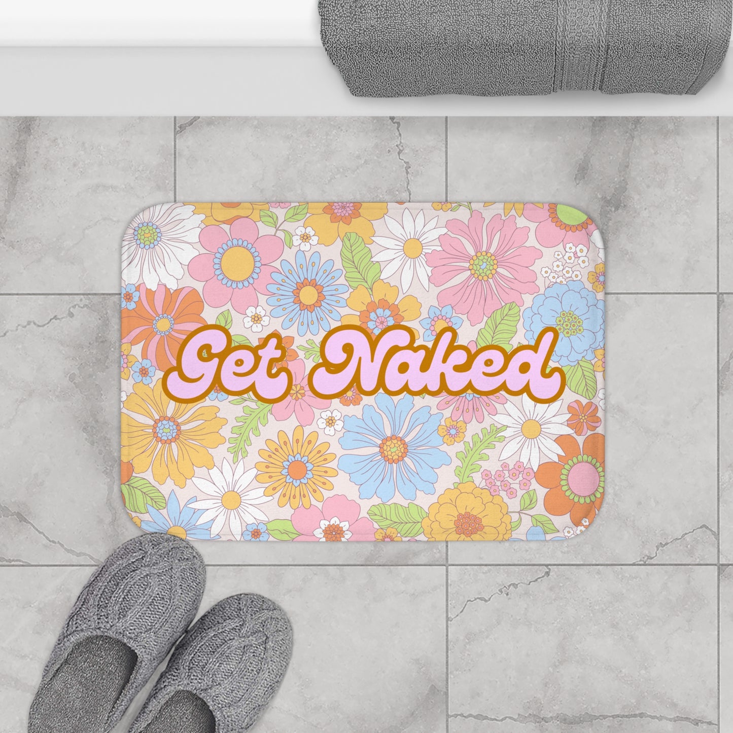 Bath Mat — 'Get Naked' Retro Floral Bathroom Mat